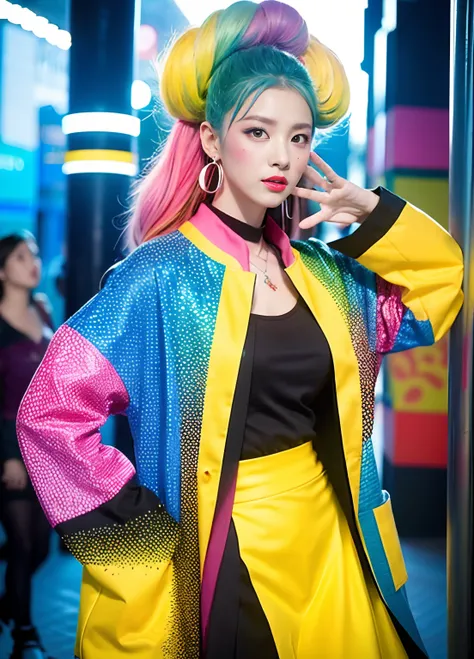 Generate high-quality female images, Colorful and refreshing atmosphere。She wears a novel fashion style.、They wear costumes of different colors and bright patterns.。The background is an inorganic intersection of a large city。Her pose is extraordinary.、It g...