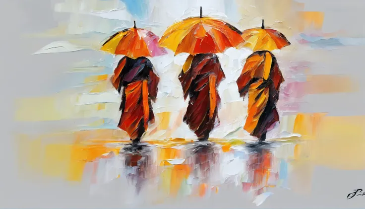 3 monks, each wearing an umbrella, went back, RAINING SEASON,  white background masterpiece  oil painting, impasto painting.