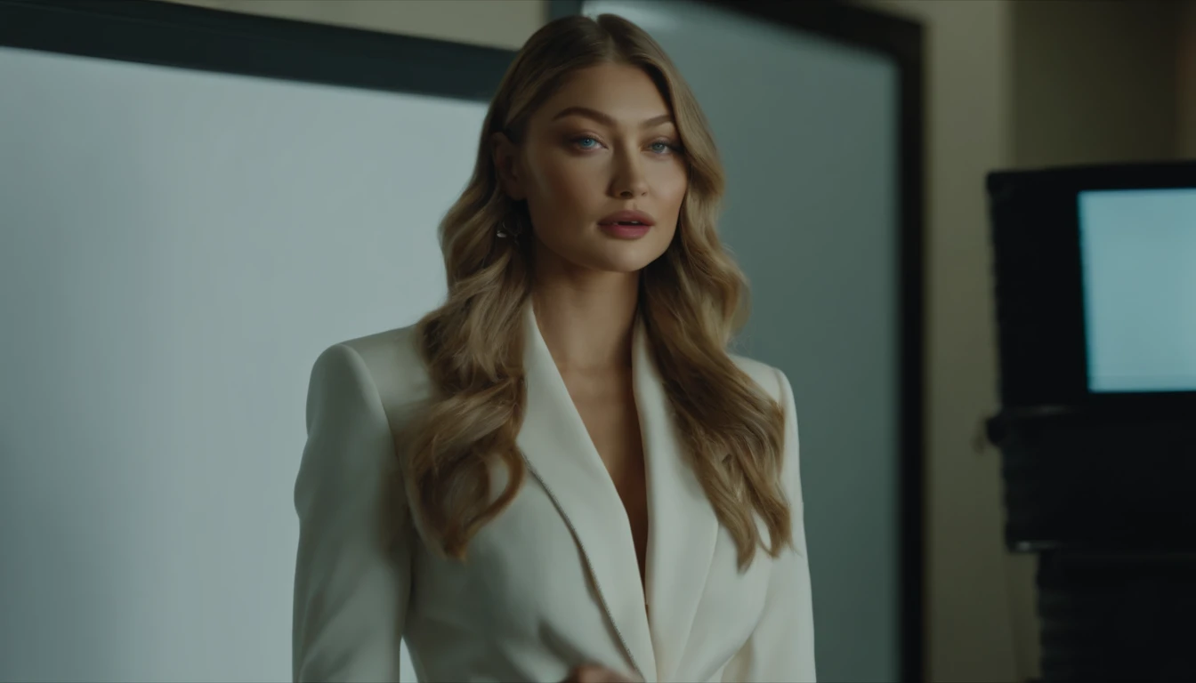 Gigi Hadid  standing next to a whiteboard explaining , cute girl as a youtuber, looking at viewer , dressed like a businesswoman, modern portrait shot 8 k, luts, portrait of Gigi Hadid, Gigi Hadid cute