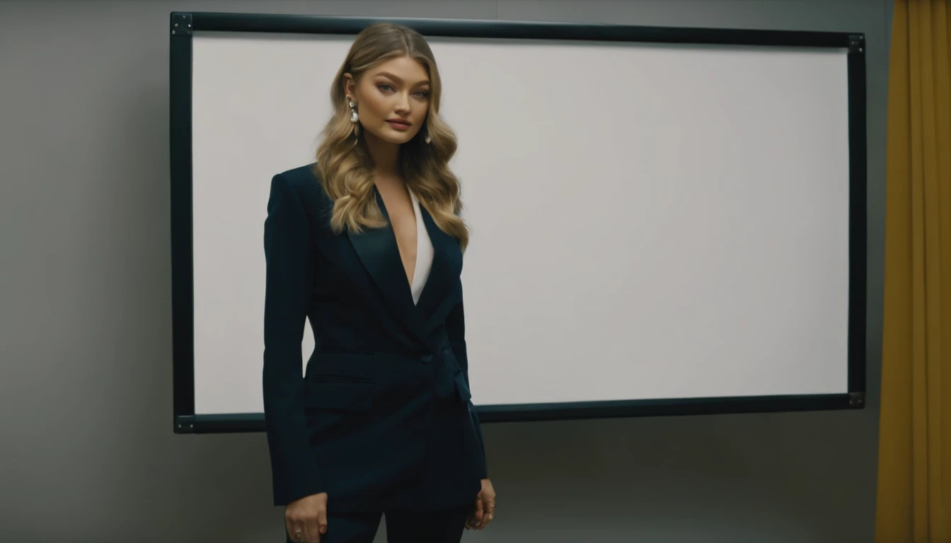 Gigi Hadid  standing next to a whiteboard explaining , cute girl as a youtuber, looking at viewer , dressed like a businesswoman, modern portrait shot 8 k, luts, portrait of Gigi Hadid, Gigi Hadid cute