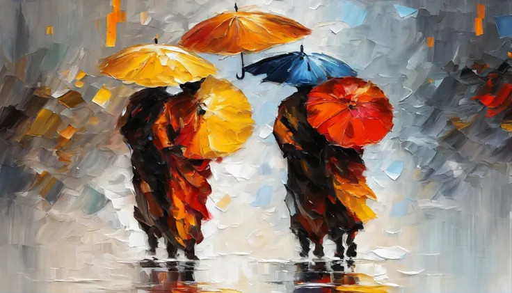 3 monks, each wearing an umbrella, went back, RAINING SEASON,  white background masterpiece  oil painting, impasto painting.