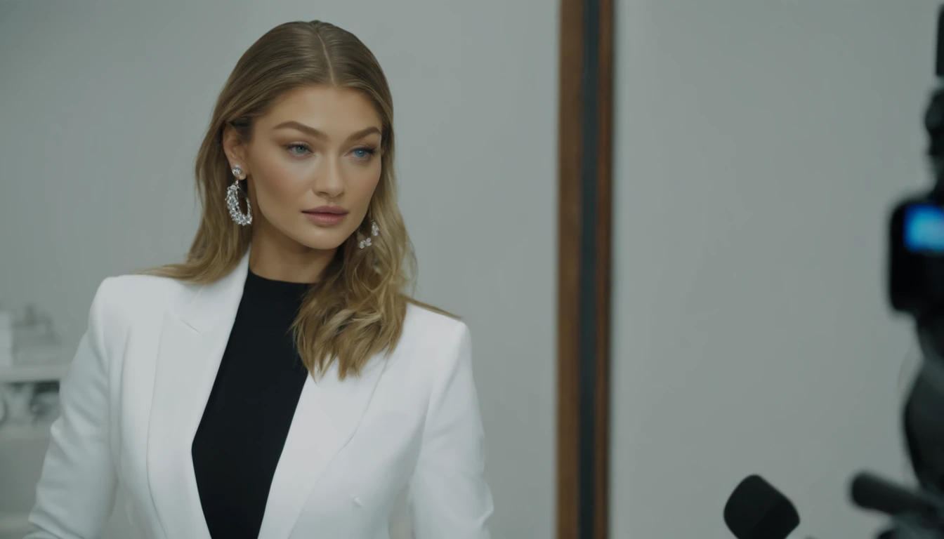 Gigi Hadid standing in front of a white board in a room explaining , cute girl as a youtuber, looking at viewer , dressed like a businesswoman, modern portrait shot 8 k, luts, portrait of Gigi Hadid, Gigi Hadid cute