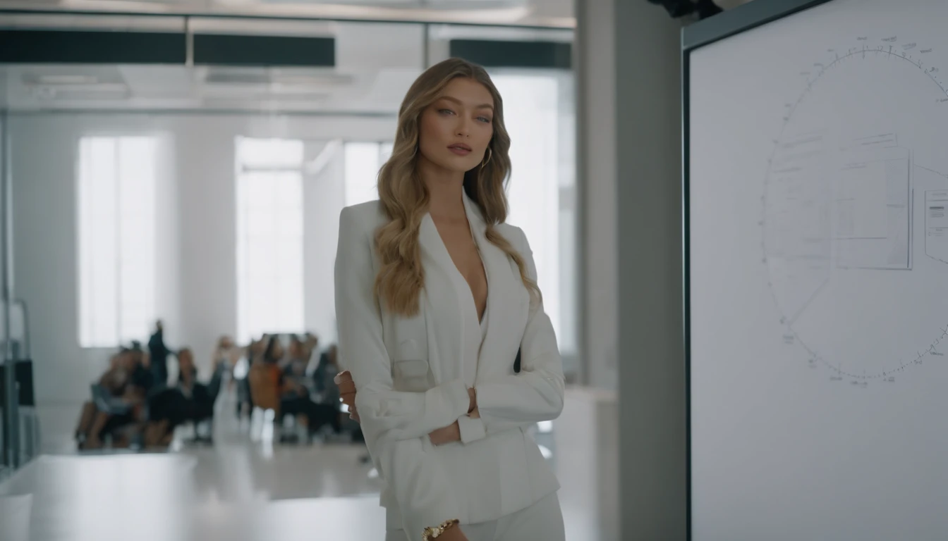 Gigi Hadid standing in front of a white board in a room explaining , cute girl as a youtuber, looking at viewer , dressed like a businesswoman, modern portrait shot 8 k, luts, portrait of Gigi Hadid, Gigi Hadid cute