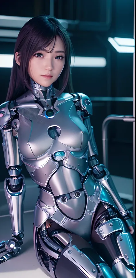 top-quality、​masterpiece、超A high resolution、(Photorealsitic:1.4)、((a beauty girl:1.6)), 1 full-body cyborg girl、sixteen years old、NOhumans、((The skin part is only the face)), Luminous Eyes、((Lots of split metal chest protectors)), Metal Robot、((The whole b...