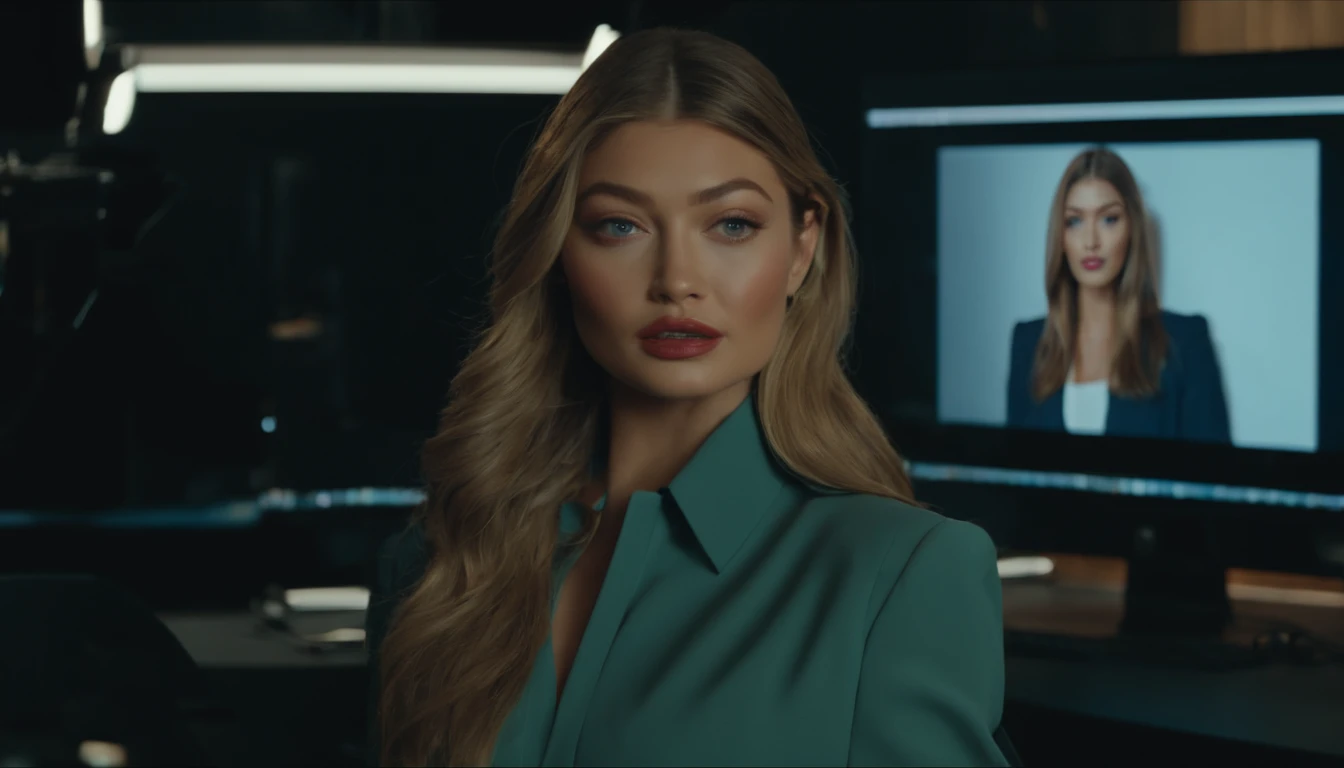 Gigi Hadid standing in front of a computer screen  explaining , cute girl as a youtuber, looking at viewer , dressed like a businesswoman, modern portrait shot 8 k, luts, portrait of Gigi Hadid, Gigi Hadid cute