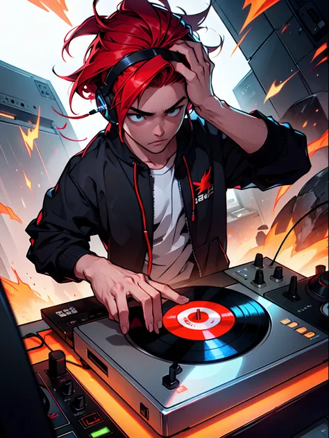 top-quality、​masterpiece、Man with red hair、(ember)、DJ、Dynamism、Put your hand on the headphones and scratch the record、Dynamic composition with ultra-wide angle