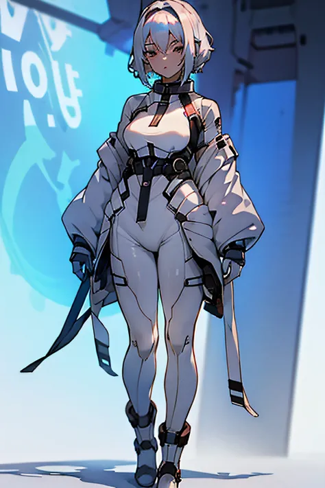 White color hair，Stand in front of you，femele，20yr old，female anime character，There is a futuristic technical style，Functional style clothing，full bodyesbian，anime full body illustration，Boots，White-colored skin