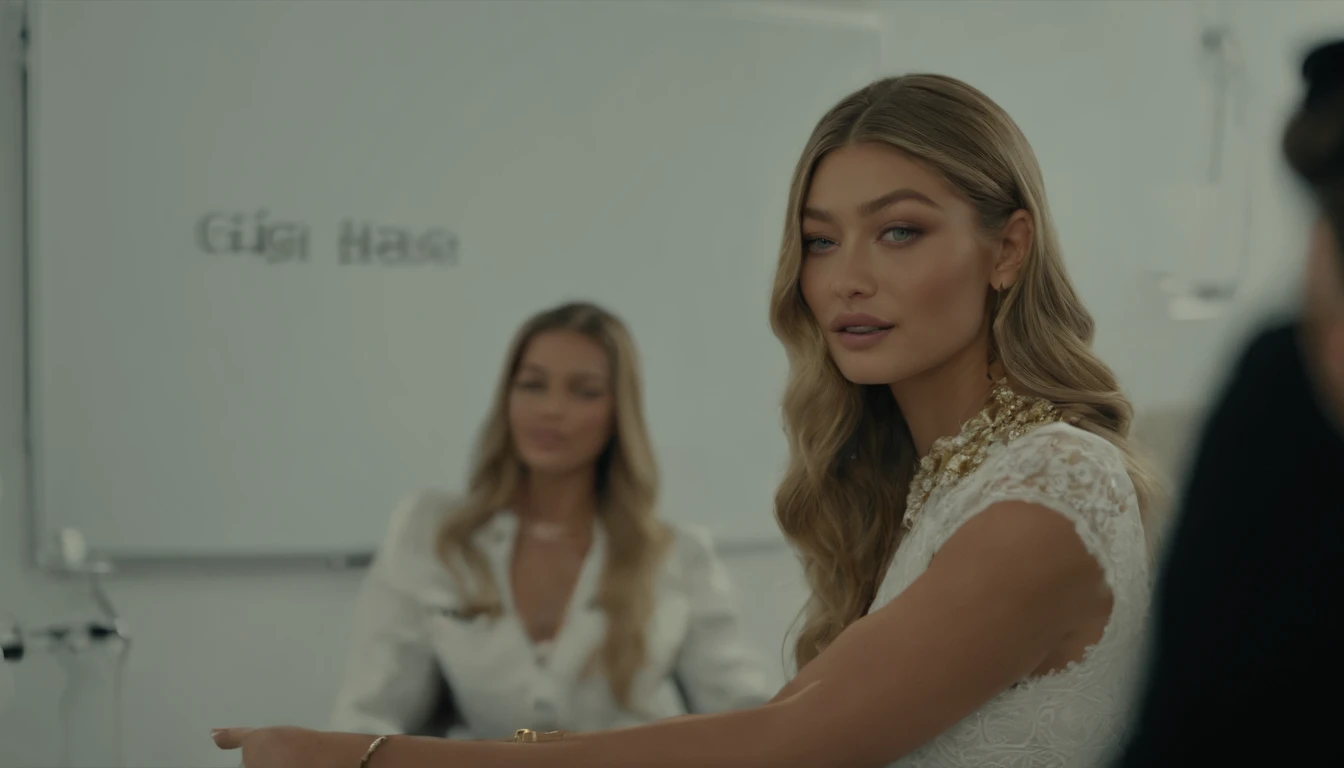 Gigi Hadid sitting in front of a white board in a room explaining , cute girl as a youtuber, looking at viewer , dressed sexy lingerie , modern portrait shot 8 k, luts, portrait of Gigi Hadid, Gigi Hadid cute