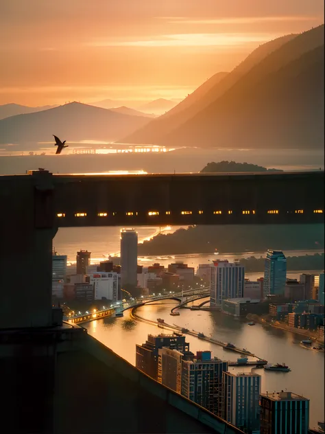 late sunset，There are birds flying over the water near the bridge, golden hour in beijing, city twilight landscape, In the evening, deep in the night, City sunset, Summer evening, prime time, Takahashi，city on top, city morning, at dusk at golden hour, Eve...