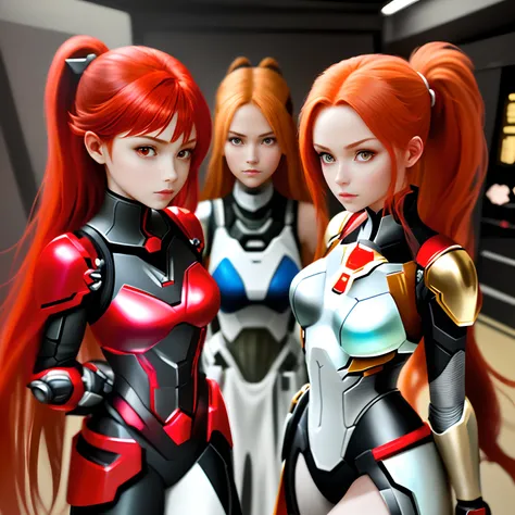 quadratic element，a beauty girl，1 young girl，red pupils，Redhead with double ponytail，Kindness and vitality，Sci-fi armor is mainly white、Red is supplemented，Gold accents，The power of the immortal bird