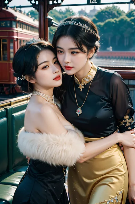 Two beautiful girls,leering:1.4, Lovers, Lesbians,(At the railway station in Shanghai in the 1920s,Vintage train background:1.6),(Taoist hairstyle,Giant hair stick:1.6,Oylan hair accessories,armlets, bangle:1.3),Dodge kisses,bauhause, bulgari, official val...