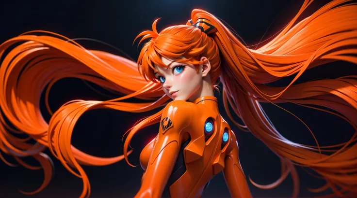 asuka langley,( neon genesis evangelion), orange hair, long hair, blue eyes, red plugsuit, neo tokyo 3 backgorund, sunset, reflection light, soft light