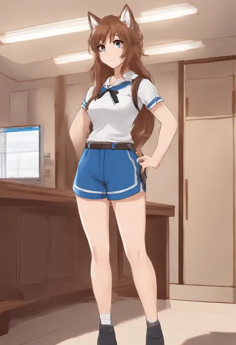 anime girl with brown hair and blue shorts standing in a room, an anime drawing by Shitao, pixiv, furry art, pov furry art, foxgirl, holo is a wolf girl, female furry mini cute style, holo if a wolf girl, full body portrait of a short!, (sfw) safe for work...