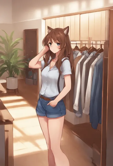 anime girl with brown hair and blue shorts standing in a room, an anime drawing by Shitao, pixiv, furry art, pov furry art, foxgirl, holo is a wolf girl, female furry mini cute style, holo if a wolf girl, full body portrait of a short!, (sfw) safe for work...