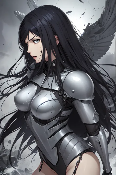 generate a High quality image of kurihara Mari from prison school, black long hair, grey eyes, angry facial expression, mouth open, (wearing mechanical blue Armour),wings, attacking in the destroyed planet, cinematic fog.