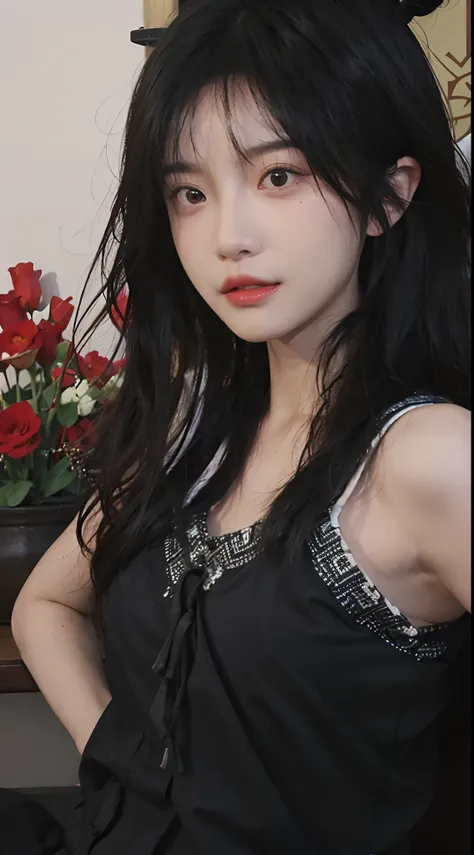 best qualtiy，tmasterpiece，超高分辨率，（realisticlying：1.4），a close up of a woman with long black hair wearing a black dress, Cai Xukun, gorgeous chinese models, Gorgeous young Korean woman, beautiful Korean women, yanjun cheng, Xianxia, full-body xianxia, xinton...