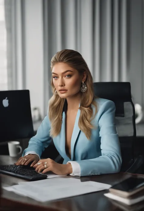 portrait of Gigi Hadid, sitting at a desk with a computer and papers on it, professional image, professional picture, high quality portrait, photo portrait, an epic non - binary model, professional portrait,  photo still,  color portrait, creative coder wi...