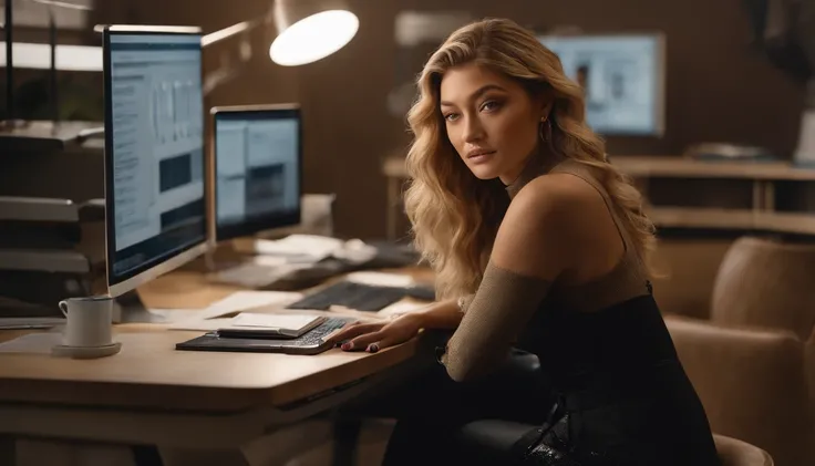 portrait of Gigi Hadid, sitting at a desk with a computer and papers on it, professional image, professional picture, high quality portrait, photo portrait, an epic non - binary model, professional portrait, photo still, color portrait, creative coder with...