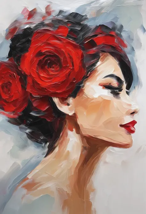 A impasto oil painting of woman, profile , view by side, wearing a red rose on her hair near her ear, white background, closed up, hyper realistic oil painting. masterpiece art work.