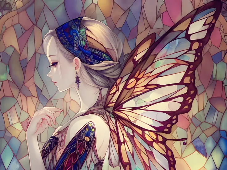 Copic Art、Transparent watercolor、Emblem Sticker、Framed、Fits in the forehead、Crystal stained glass、Sick Cool Woman、Composition from the front、symmetry、Bat feather pattern stained glass,Bat wings made of stained glass、Pale complexion、Beautiful fece、Deformed、...