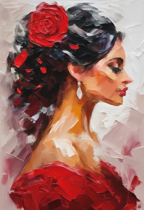 A impasto oil painting of woman, profile , view by side, wearing a red rose on her hair near her ear, white background, closed up, hyper realistic oil painting. masterpiece art work.