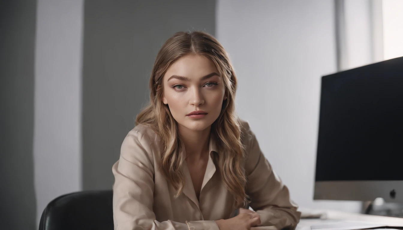 portrait of Gigi Hadid, sitting at a desk with a computer and papers on it, professional image, professional picture, high quality portrait, photo portrait, an epic non - binary model, professional portrait, photo still, color portrait, creative coder with...