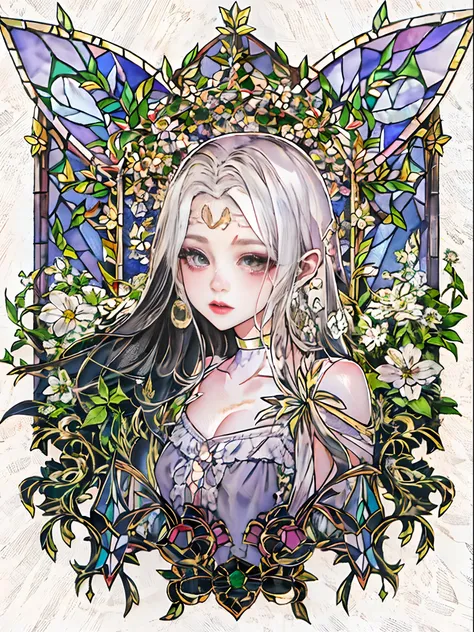 Copic Art、Transparent watercolor、Emblem Sticker、Framed、Fits in the forehead、Crystal stained glass、Sick Cool Woman、Composition from the front、symmetry、Bat feather pattern stained glass,Bat wings made of stained glass、Pale complexion、Beautiful fece、Deformed、...