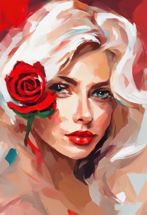 A impasto oil painting of woman , view by side, looking to viewers, seduce, wearing a red rose on her hair near her ear, white background, closed up, hyper realistic oil painting. masterpiece art work.