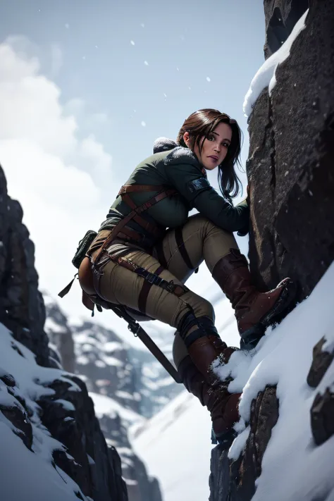 lara croft climbing in the snow