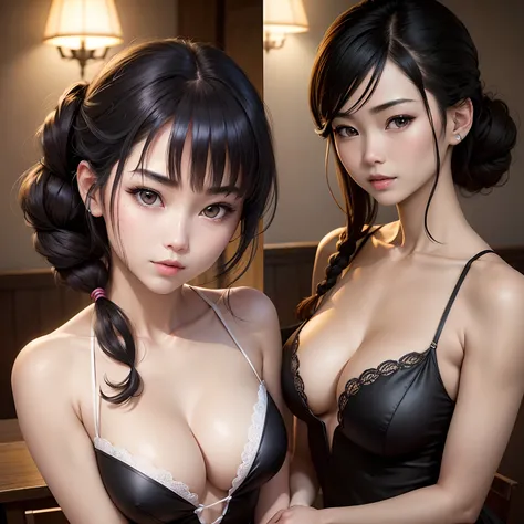 Photorealsitic, Raw photography, Top image quality: 1.4), Japan high school girls、(Random hairstyles:1.2)、cleavage of the breast:1.2、Super Detail Face、Eye of Detail、二重まぶた、Bring your chest together、foco nítido:1.2、prety woman:1.4、Black hair　　top-quality、​ma...