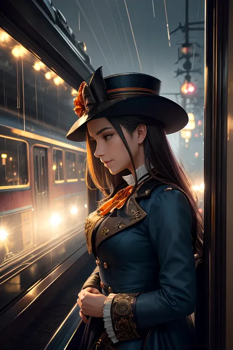 a beautiful young lady take his head out of train window, with hat is speaking and saying goodbye to his husband , crying, 1800s, people wear 1800s cloth elaborated steampunk shiny train, in old village station, Watercolor and metallic touches, beautiful a...