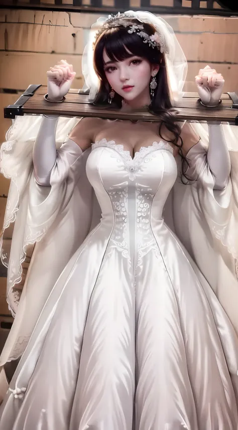 Close-up of a beautiful bride wearing a beautiful wedding dress, Gurwitz,（Pillory：1.5）, （flail：1.2）,  flail on the head, flail on the hands,(bridal veil: 1.5), (transparent short veil: 1.5), flushed face, head flower, tiara, Very detailed princess wedding ...