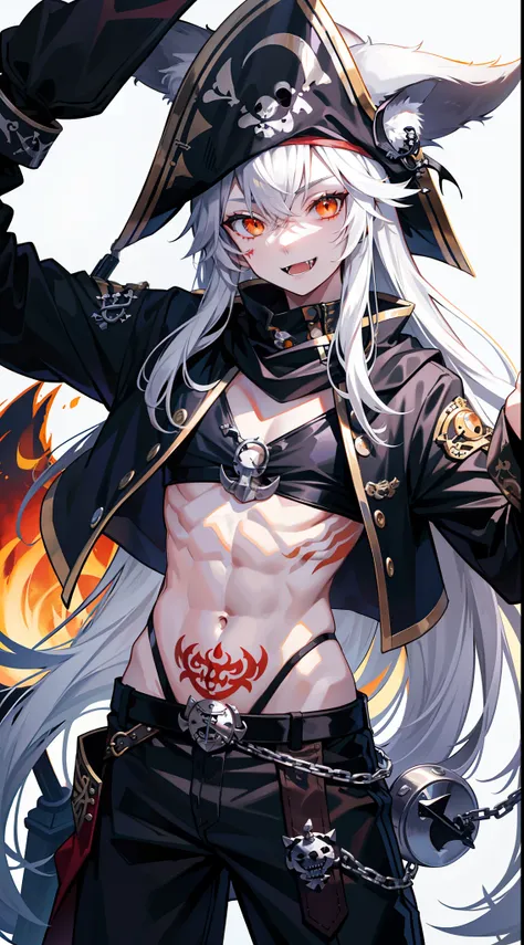 Young man, Long silver hair, Orange Eyes, wolf ears, wolf tail, ssmile, fangs, open torso, Tatoo, Pirate Hat, pirate pants, anchor, 4k, HD, Good detail