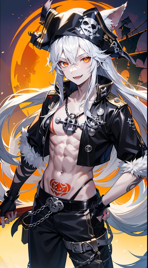 Young man, Long silver hair, Orange Eyes, wolf ears, wolf tail, ssmile, fangs, open torso, Tatoo, Pirate Hat, pirate pants, anchor, 4k, HD, Good detail