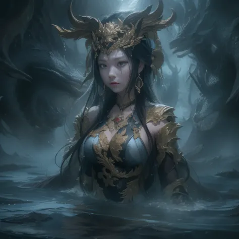 （（Storyboard:1.8, Hyper-realistic_layout））Water Goddess（best qualtiy，8K,Masterpiece）When the water god appears，gold mask，Dragon and tiger cane，Only heard, unseen。 That whistle echoed for a long time，Its like a prelude to impending death。 The image of the g...