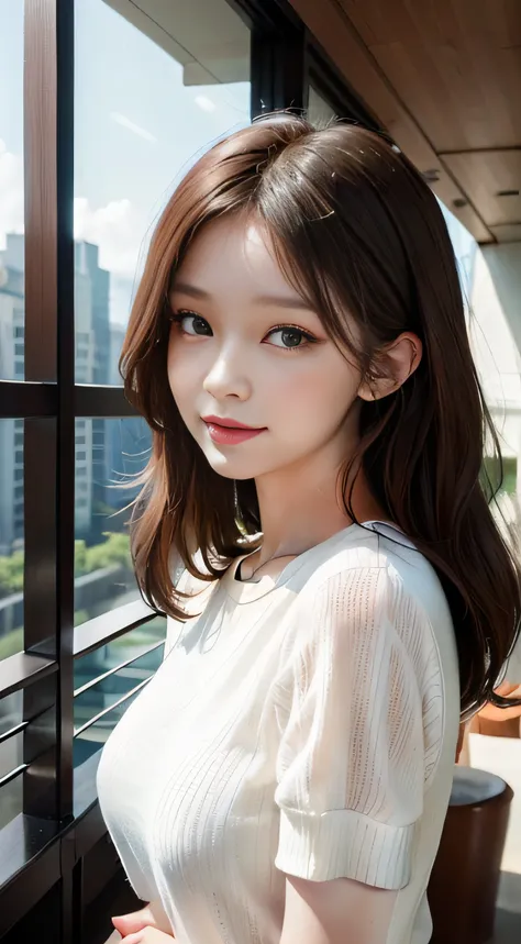 ​masterpiece、Top image quality:1.2、((beautiful young woman with))、Transparent skin:1.2、{A slight smil}、(kawaii)、Short sleeve knit、luxury hotel、depth of fields