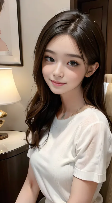 ​masterpiece、Top image quality:1.2、((beautiful young woman with))、Transparent skin:1.2、{A slight smil}、(kawaii)、Short sleeve knit、luxury hotel、depth of fields