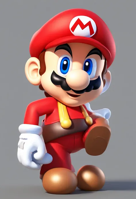 (Mario), character design, Nintendo Super Mario, (blue eyes, red hat, red suit, blue suspenders, white gloves, )super cute blind box style, chibi, full body, exaggerated expressions and actions, clean background, bright iridescent highlights, studio lighti...