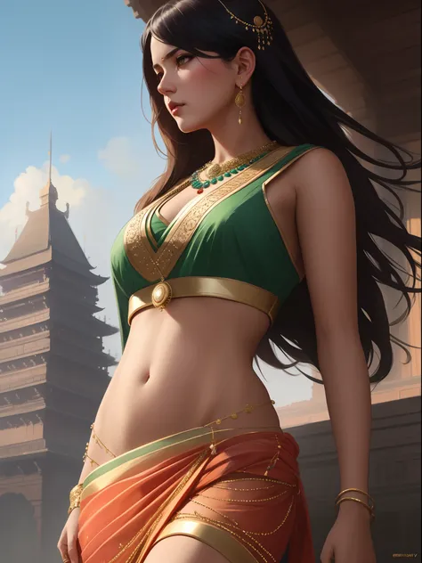 modelshoot style, (extremely detailed CG unity 8k wallpaper), full shot body photo of the most beautiful artwork in the world, stunningly beautiful photo realistic cute women in saree  (navel:1.5), professional majestic oil painting by Ed Blinkey, Atey Gha...