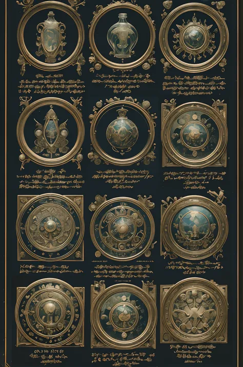 ((without people)) ((nobody)) Vintage Victorian style, Precise vintage encyclopedia (best quality:1.2), (detailed:1.2), (masterpiece:1.2), vintage illustrations of alchemy recipe and ingridients and bottles