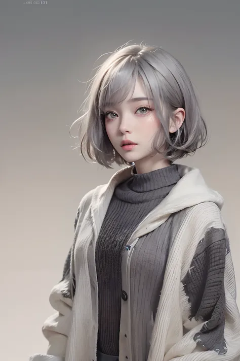 (Piece masuter:1.3)、(8K、photorealestic、RAW photography、topquality: 1.4)、(1girl)、beatiful face、(realistic face)、(gray hairs、short-hair:1.3)、beautiful hairstyle、Realistic eyes、beautifull details、（real-looking-skin）、Beautiful skins、（Sweaters）、Absurder、enticin...