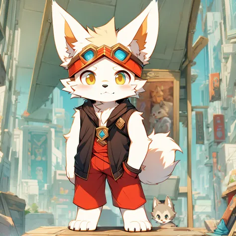 There is a painting，A cat wearing a red helmet and red pants, a fox, fox from league of legends chibi, fursona wearing stylish clothes, Furry character, cute character, anthropomorphic fox, fox mccloud, tonic the fox, fursona art, an anthropomorphic cyberp...