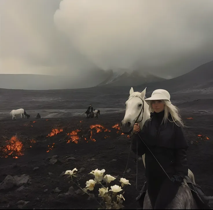 there was a woman riding a horse in the field, in volcano, in volcano, louisa matthiasdotil, inspired by anne leibovitz, author：...