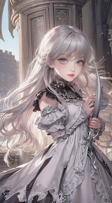 (((Masterpiece))), (((top quality))), (((super detailed))), Fighting a dragon on a castle, holding a very large gothic designed sword, very dark and spooky castle, dark light of the moon, One woman in Gothic Lolita fashion, 14 years old,   anatomy (beautif...