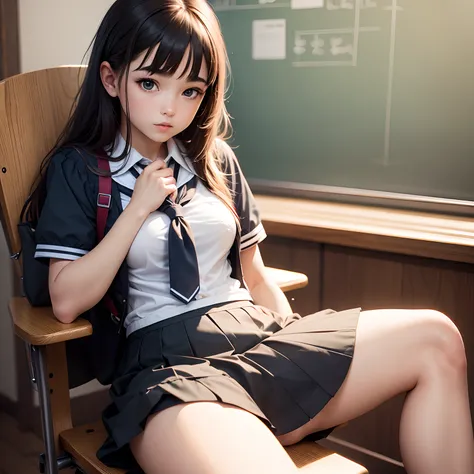 Young school girl sitting on a chair. Her skirt is short and her vagina is visible.