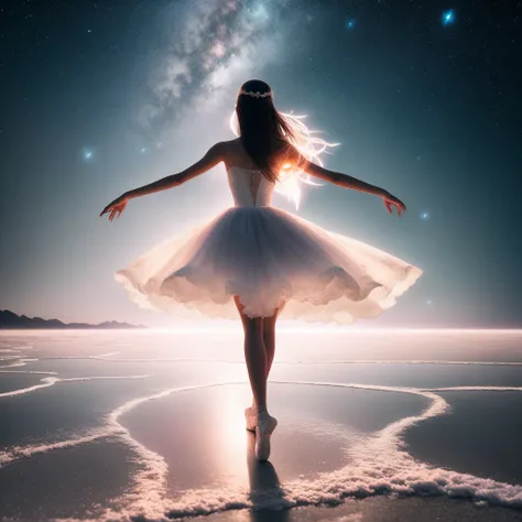 Alafed woman in white dress standing on beach under stars, Dancing gracefully, ballerina, whirling, Ballet dancer, ethereal beauty, marc adamus, by Alexander Kucharsky, astral ethereal, The Aesthetics of Dark Dance Photography, magical fairy floating in sp...