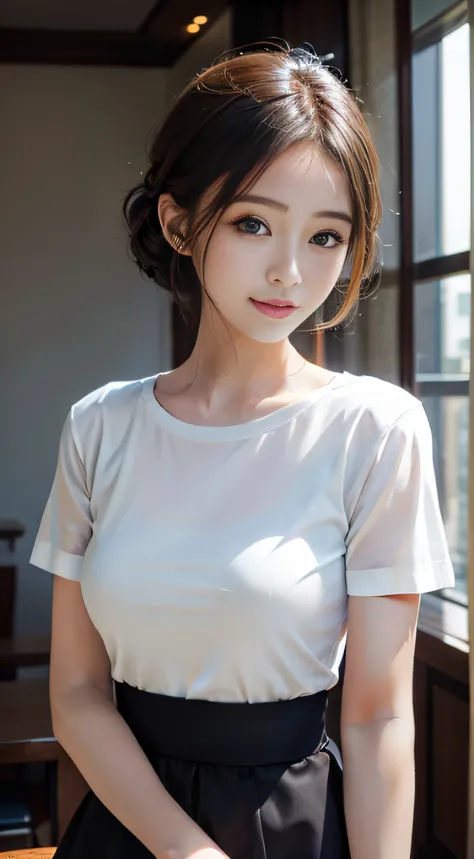 ​masterpiece、Top image quality:1.2、((beautiful young woman with))、Transparent skin:1.2、{A slight smil}、(kawaii)、Short sleeve knit、luxury hotel、depth of fields