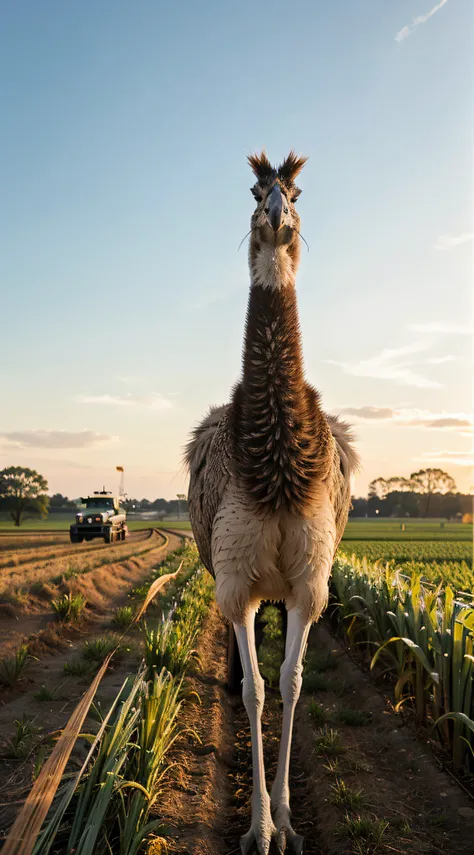 The emus sleek, streamlined body blends seamlessly with the tall stalks of corn as it sprints through the field, its eyes fixed on the distant horizon.