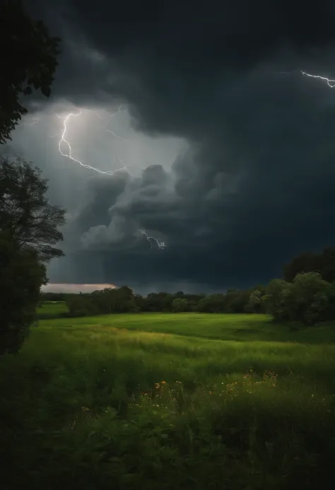 A large place with lots of grass and plants, with a cloudy and dark atmosphere, accompanied by lightning strikes