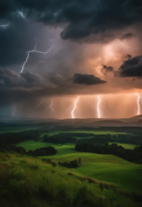 A large place with lots of grass and plants, with a cloudy and dark atmosphere, accompanied by lightning strikes